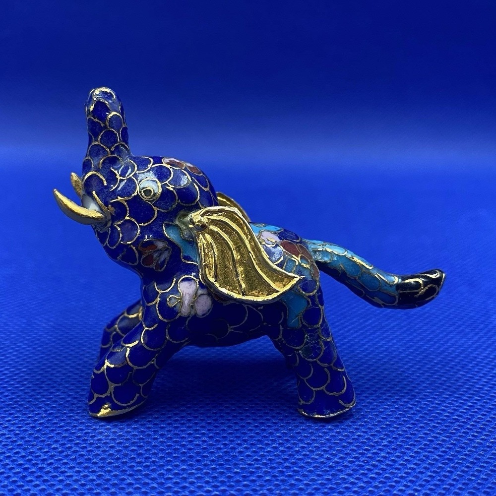 Vintage Cloisonne Gilt Elephant Figurine Enameled Blue /Gold 2"‎ X 3"